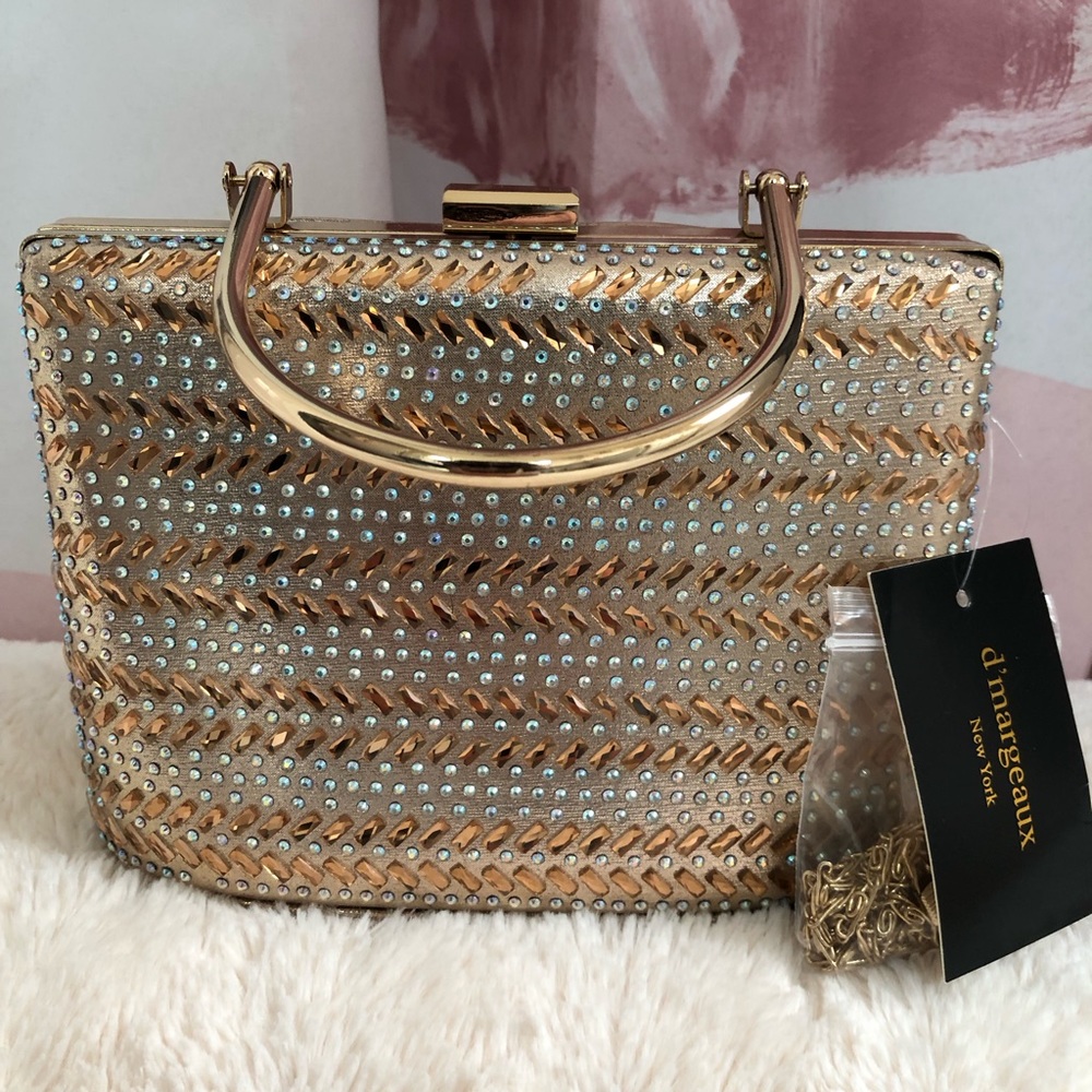 NWT dressy handbag with Gold and Silver rhinestones, with detachable chain. NEW